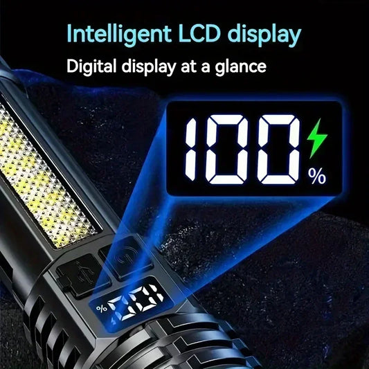Linternas LED de alta potencia con pantalla de visualización, linterna táctica con Zoom, lámpara recargable portátil con linterna de luz lateral de emergencia