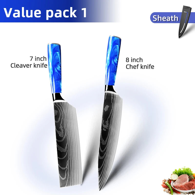 Juego de cuchillos de cocina de 1 a 10 piezas, rebanador Santoku japonés, con patrón de damasco láser de alto carbono, mango de resina azul