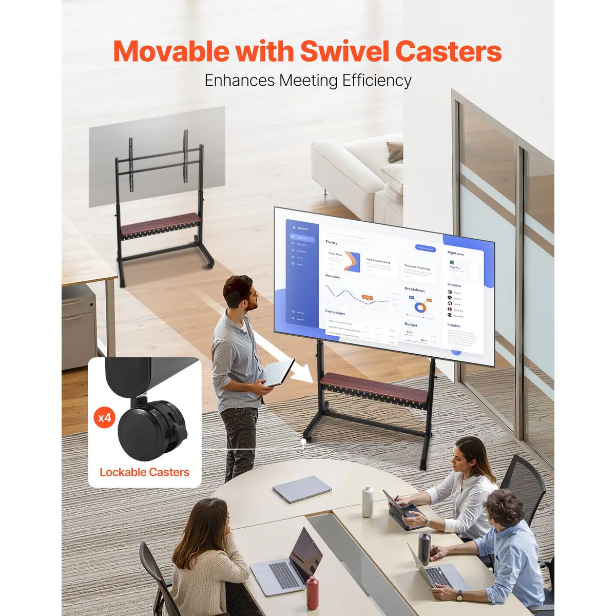 Mobile TV Cart Rolling TV Stand for 55-100 Inch Screens Height Adjustable Portable Monitor Stand Tray Wheel-Based Capacity 205 L