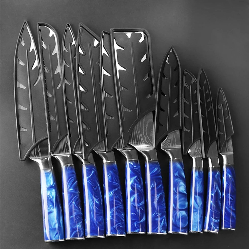 Juego de cuchillos de cocina de 1 a 10 piezas, rebanador Santoku japonés, con patrón de damasco láser de alto carbono, mango de resina azul
