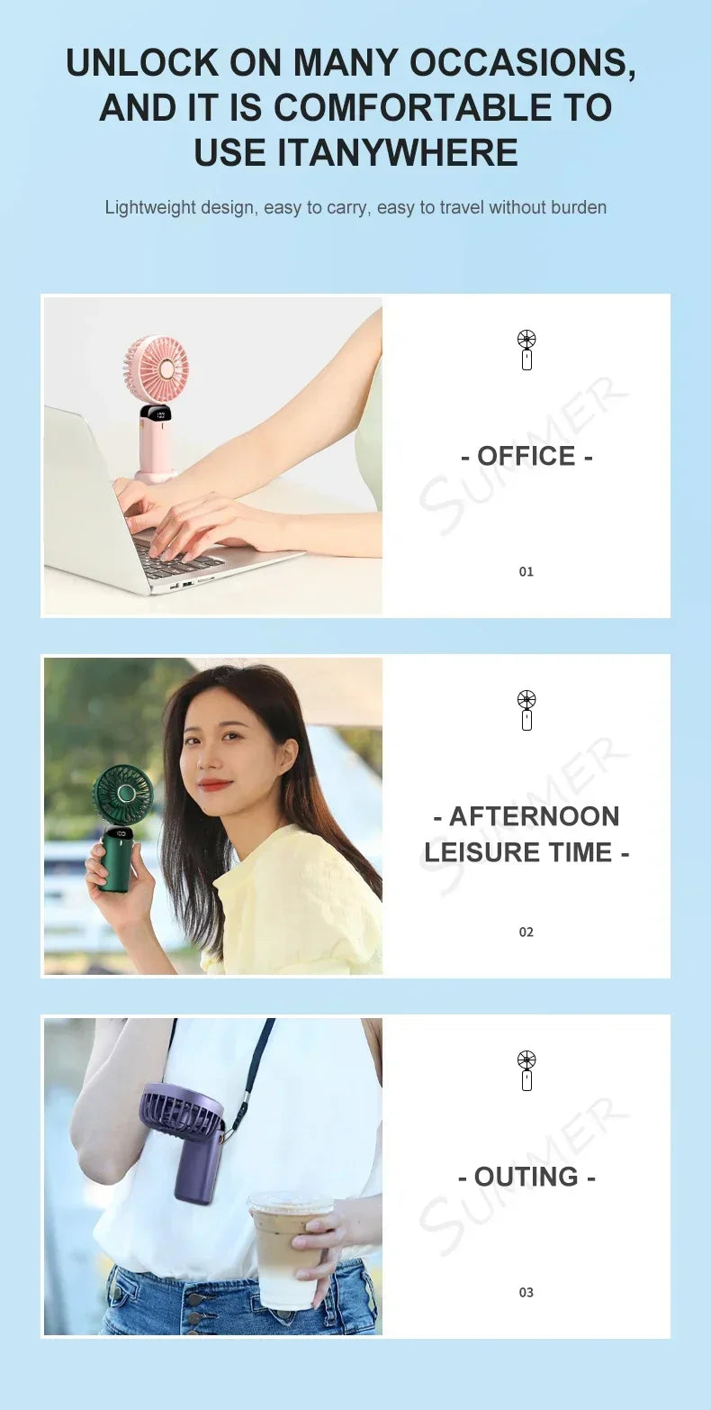 Mini ventilador portátil de mano, ventiladores plegables para colgar en el cuello, ventilador recargable por USB de 5 velocidades con soporte para teléfono y pantalla de visualización de 1800mAh