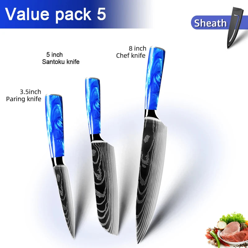 Juego de cuchillos de cocina de 1 a 10 piezas, rebanador Santoku japonés, con patrón de damasco láser de alto carbono, mango de resina azul