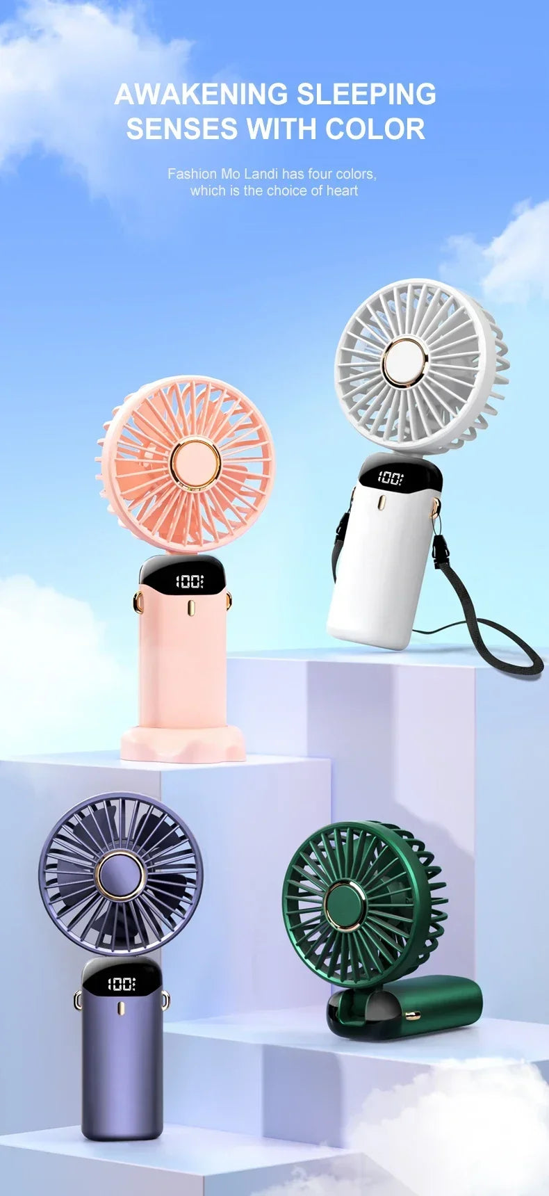 Mini ventilador portátil de mano, ventiladores plegables para colgar en el cuello, ventilador recargable por USB de 5 velocidades con soporte para teléfono y pantalla de visualización de 1800mAh