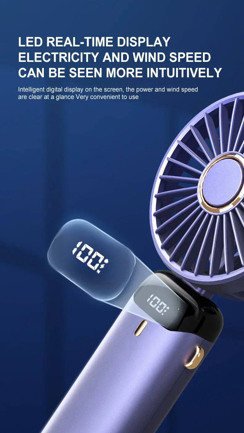 Mini ventilador portátil de mano, ventiladores plegables para colgar en el cuello, ventilador recargable por USB de 5 velocidades con soporte para teléfono y pantalla de visualización de 1800mAh