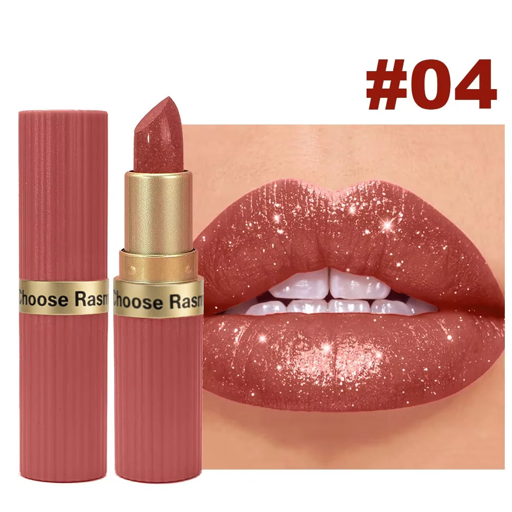 Lápiz labial de terciopelo con purpurina rosa nacarado, metálico, resistente al agua, de larga duración, mate, brillo, diamante, maquillaje cosmético para mujer