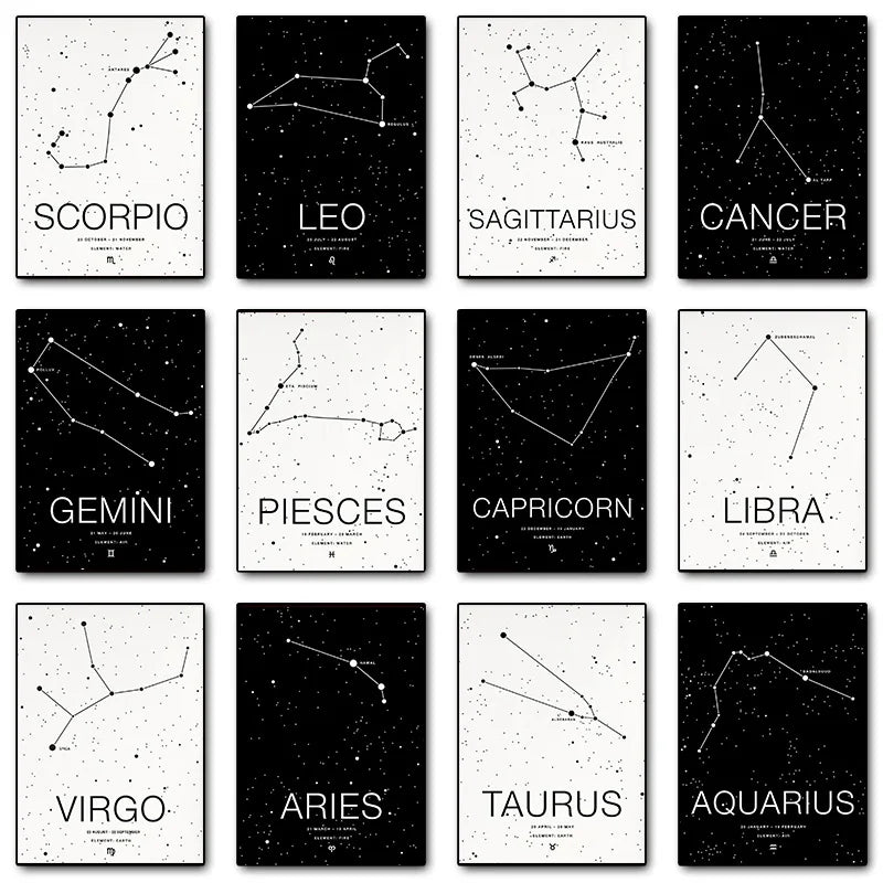 Zodiac Minimalist Aries Cancer Libra Aquarius Sign Black White Poster Print Wall Art Pictures Canvas Painting Room Home Decor