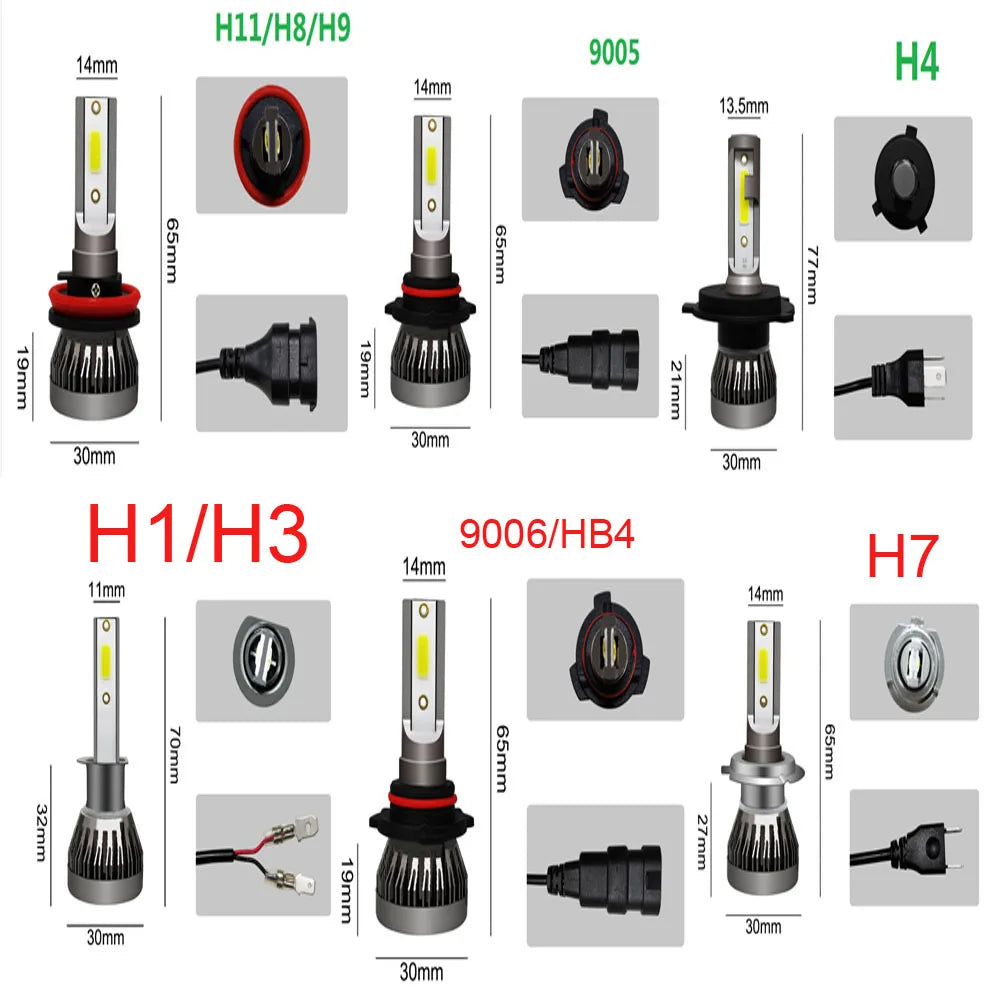 2 Piezas de Bombillas LED H4 H7 para Faros Delanteros de Coche, Bombilla LED H1 H8 H11 9005 HB3 9006 HB4 9004 HB1 H3 HB5 H13, Luces LED de 20000LM, Lámpara Turbo de 12V