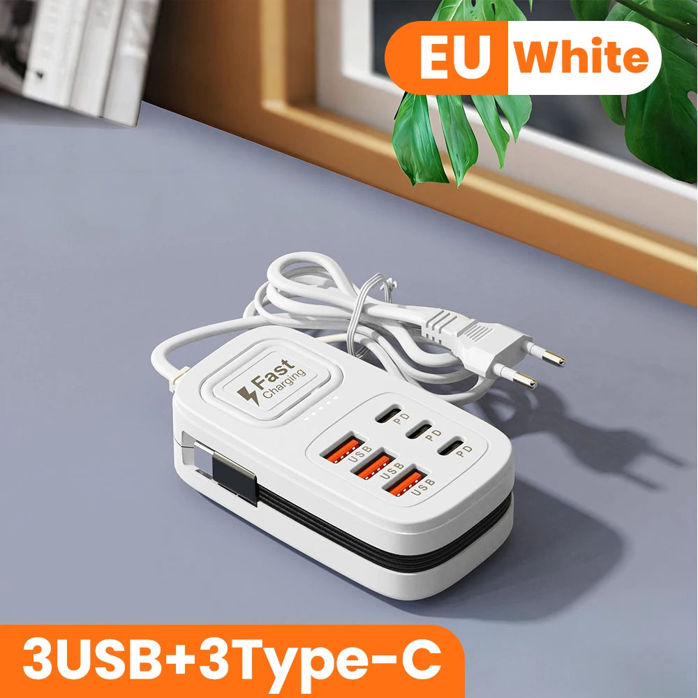 Enchufe de carga rápida USB de 6 puertos, estación de carga de escritorio, adaptador de enchufe USB con enchufe europeo/británico/estadounidense, 3 tipo C, 3 USB