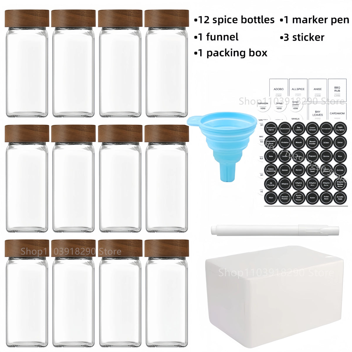 13 Uds. Frascos de especias de vidrio con tapas de bambú, tarros de vidrio de 4oz, juego de tarros de especias, tarros de condimentos, organizador, botellas de almacenamiento para estante de especias