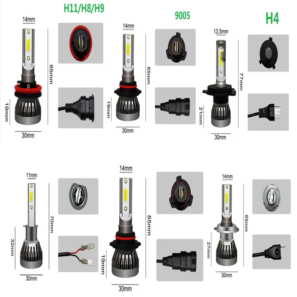 2 Piezas de Bombillas LED H4 H7 para Faros Delanteros de Coche, Bombilla LED H1 H8 H11 9005 HB3 9006 HB4 9004 HB1 H3 HB5 H13, Luces LED de 20000LM, Lámpara Turbo de 12V