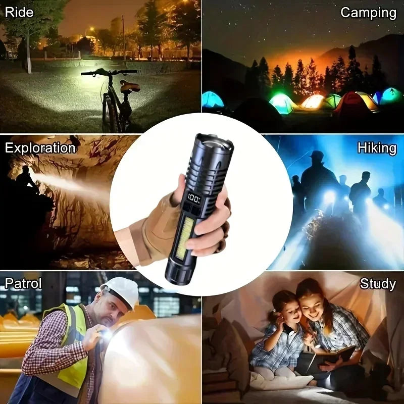 Linternas LED de alta potencia con pantalla de visualización, linterna táctica con Zoom, lámpara recargable portátil con linterna de luz lateral de emergencia