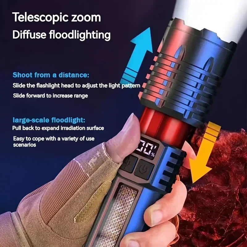 Linternas LED de alta potencia con pantalla de visualización, linterna táctica con Zoom, lámpara recargable portátil con linterna de luz lateral de emergencia