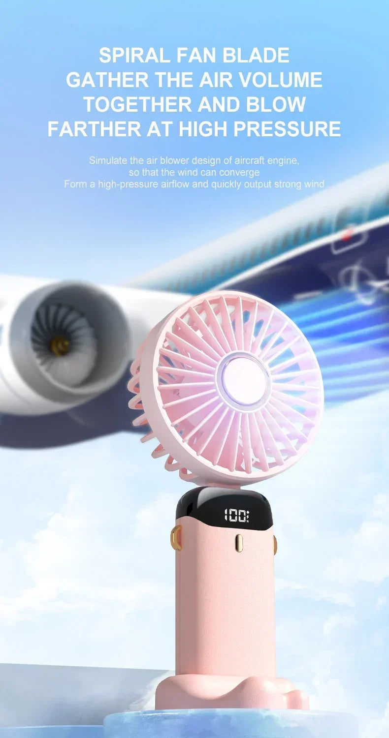 Mini ventilador portátil de mano, ventiladores plegables para colgar en el cuello, ventilador recargable por USB de 5 velocidades con soporte para teléfono y pantalla de visualización de 1800mAh