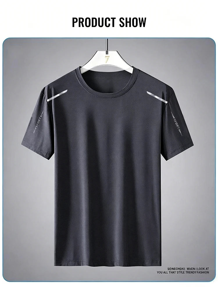 Camisetas para correr de seda de hielo para hombre, Top holgado de manga corta con estampado, ropa deportiva para gimnasio y baloncesto, camiseta de secado rápido para entrenamiento físico