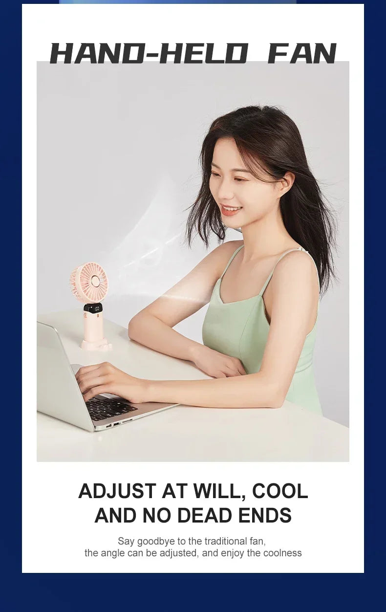 Mini ventilador portátil de mano, ventiladores plegables para colgar en el cuello, ventilador recargable por USB de 5 velocidades con soporte para teléfono y pantalla de visualización de 1800mAh
