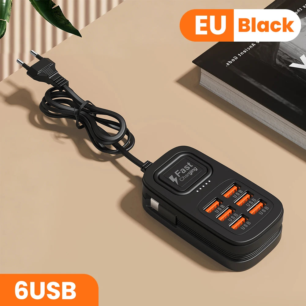 Enchufe de carga rápida USB de 6 puertos, estación de carga de escritorio, adaptador de enchufe USB con enchufe europeo/británico/estadounidense, 3 tipo C, 3 USB
