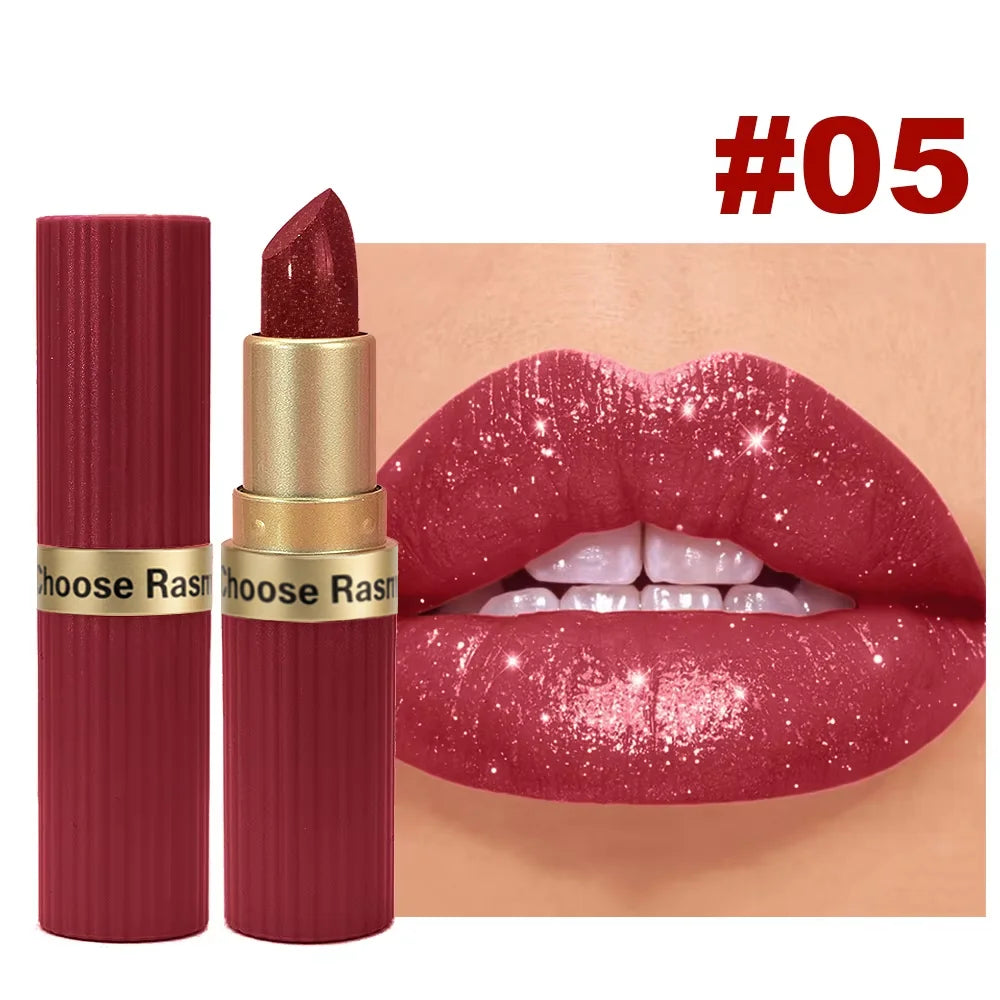 Lápiz labial de terciopelo con purpurina rosa nacarado, metálico, resistente al agua, de larga duración, mate, brillo, diamante, maquillaje cosmético para mujer
