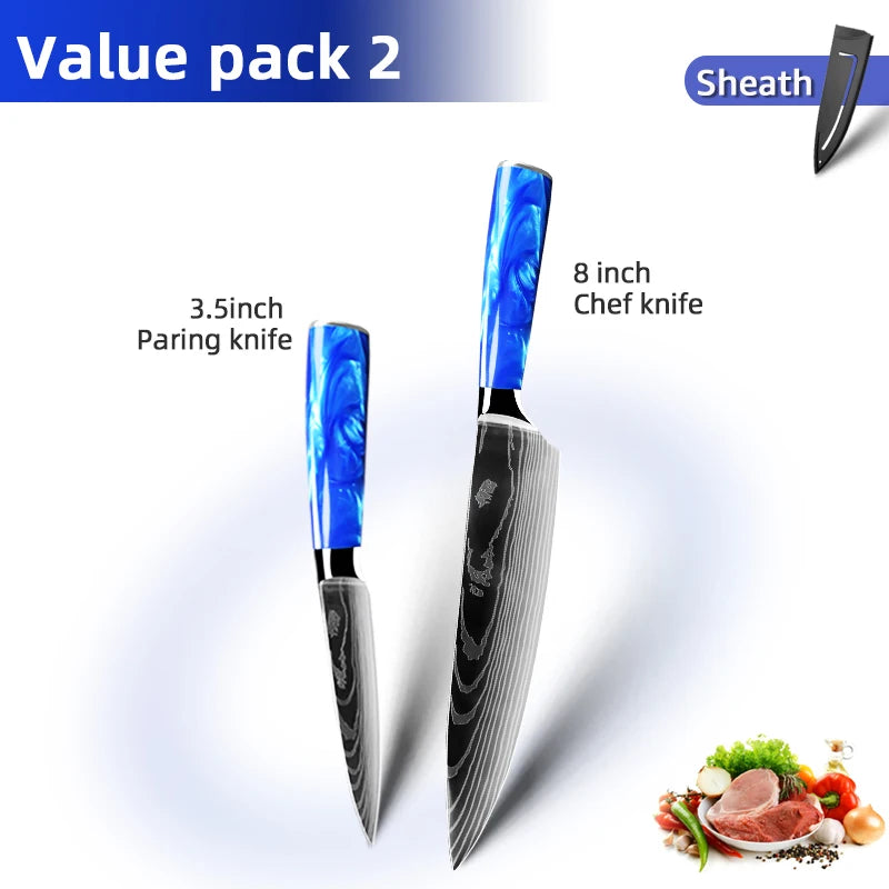 Juego de cuchillos de cocina de 1 a 10 piezas, rebanador Santoku japonés, con patrón de damasco láser de alto carbono, mango de resina azul