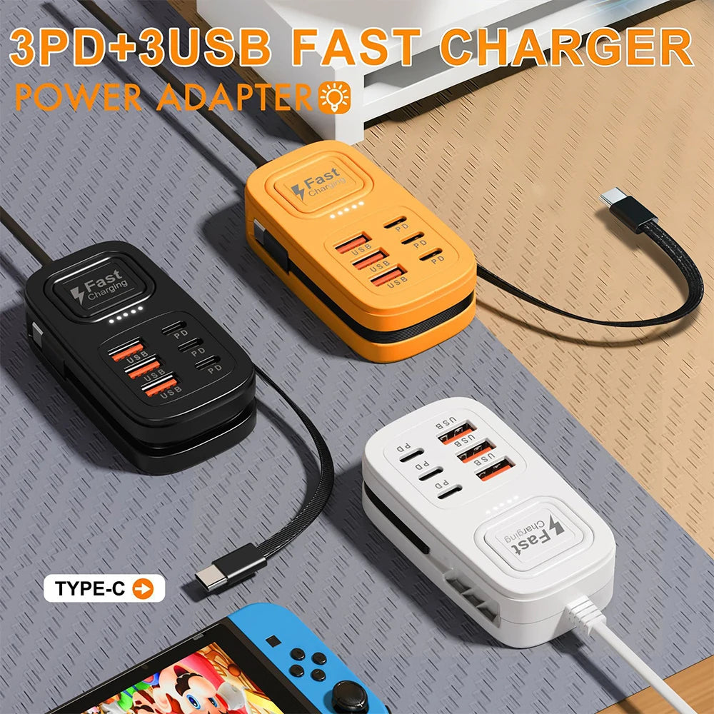 Enchufe de carga rápida USB de 6 puertos, estación de carga de escritorio, adaptador de enchufe USB con enchufe europeo/británico/estadounidense, 3 tipo C, 3 USB