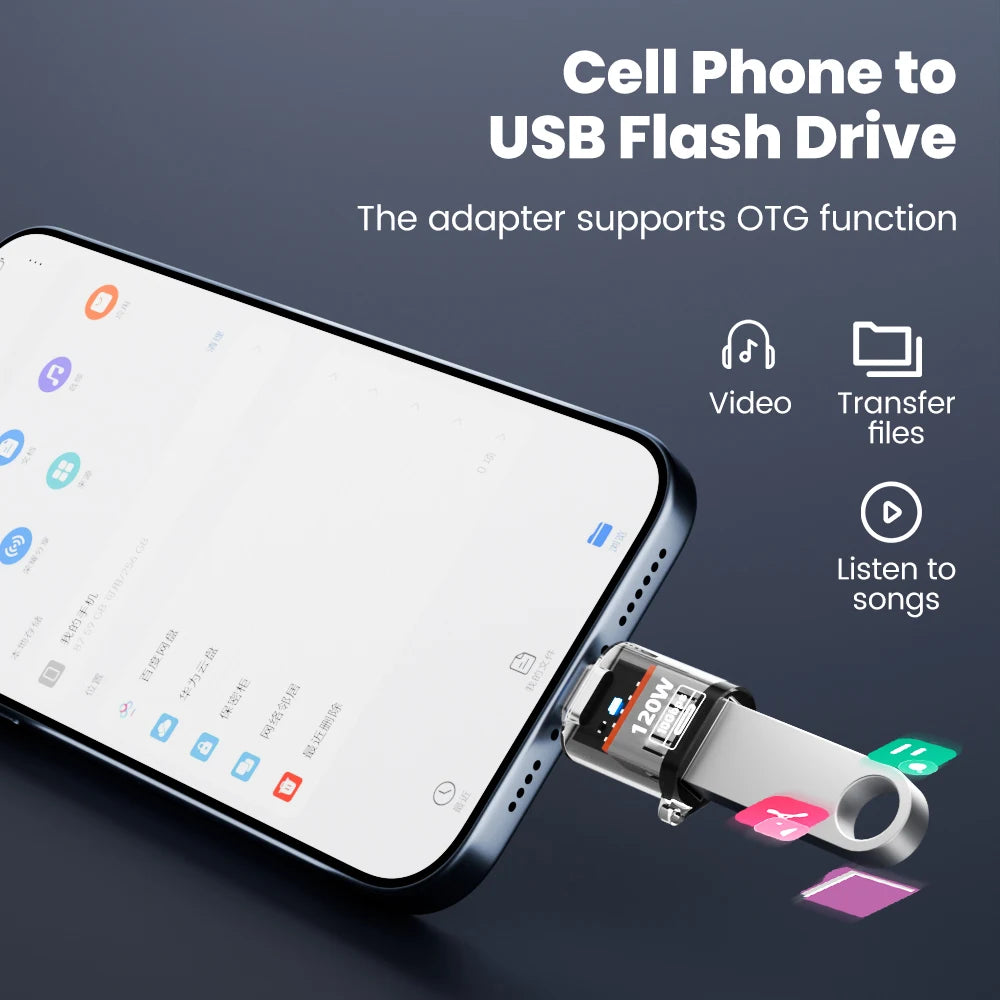 Olaf 120W tipo C a USB A OTG adaptador USB 3,2 a tipo C conector de carga rápida para iPhone 15 16 Macbook iPad Huawei P60Xiaomi