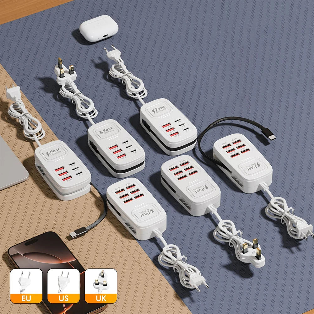 Enchufe de carga rápida USB de 6 puertos, estación de carga de escritorio, adaptador de enchufe USB con enchufe europeo/británico/estadounidense, 3 tipo C, 3 USB
